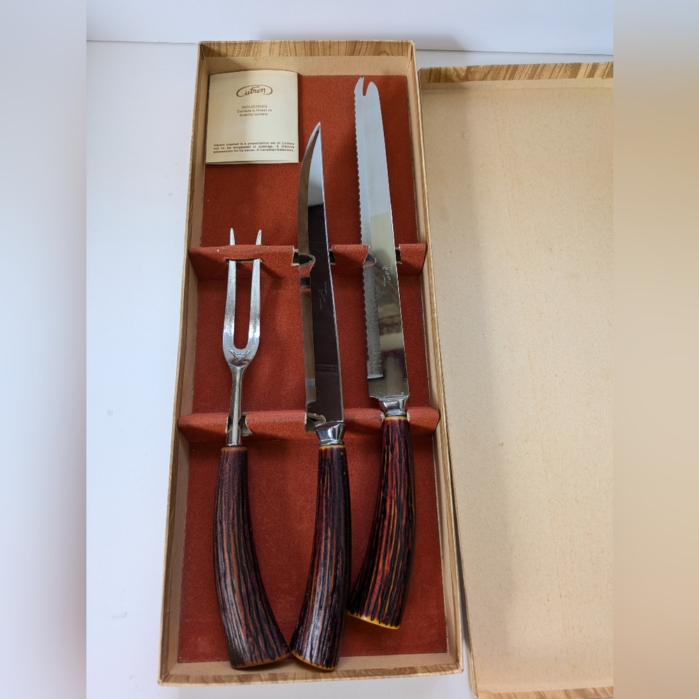 Vintage Cutron Carving Set 3 PC Knives Fork Faux Antler Handles Mid-Century MCM